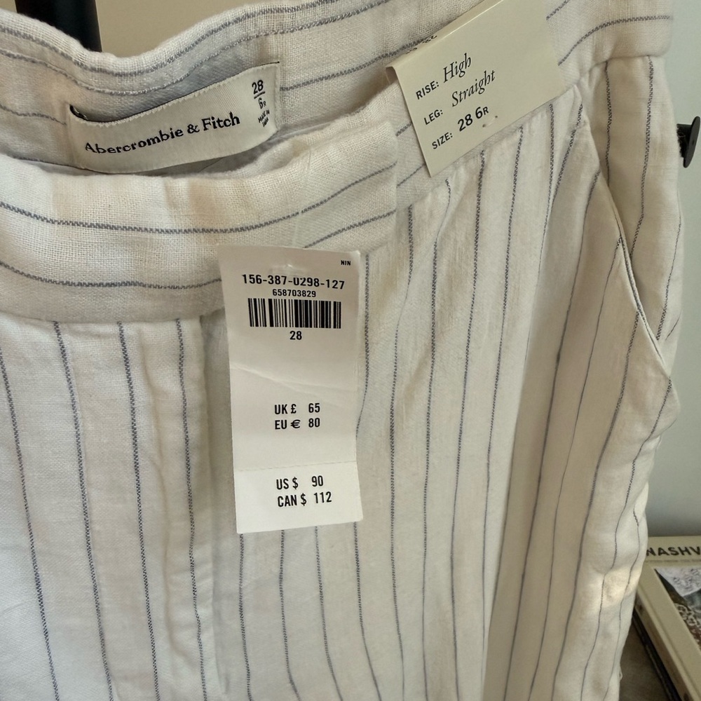 NWT A&F Women's White Pinstripe Linen Blend Trousers - Picture 2 of 6
